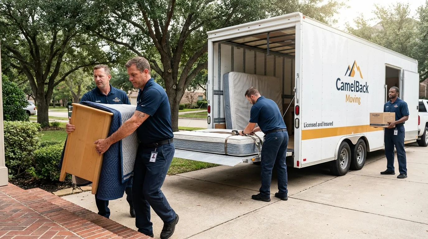 Crew loading residential truck for cross-state move from Traer, IA