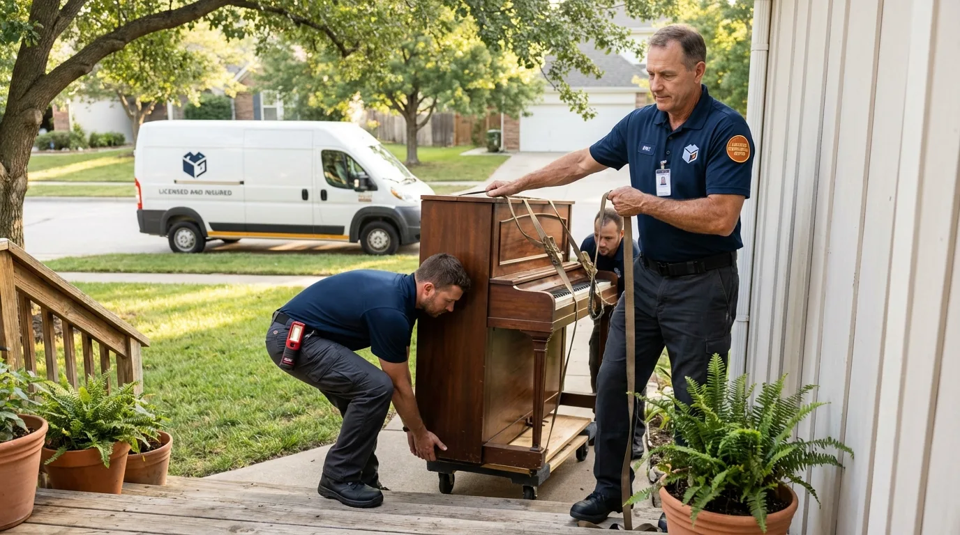 Licensed piano movers securing grand piano in Traer, IA