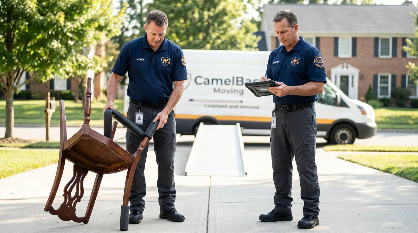 Movers inspecting furniture for damage prevention before loading in Traer, IA