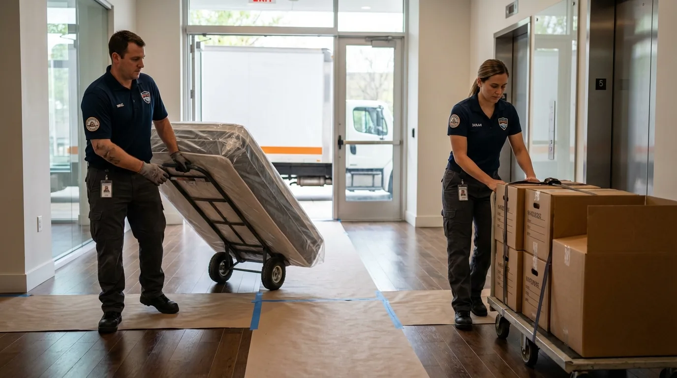 Professional apartment movers loading elevator in Traer, IA